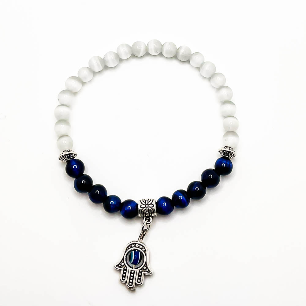 Hamsa Selenite W/ Blue Tigers Eye